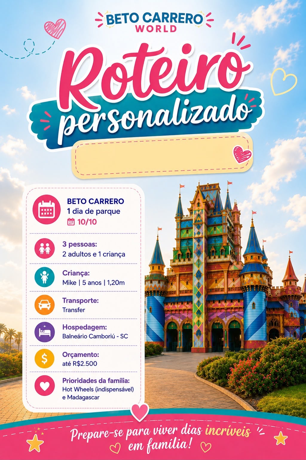 Amostra real do roteiro personalizado Beto Carrero Sem Perrengue