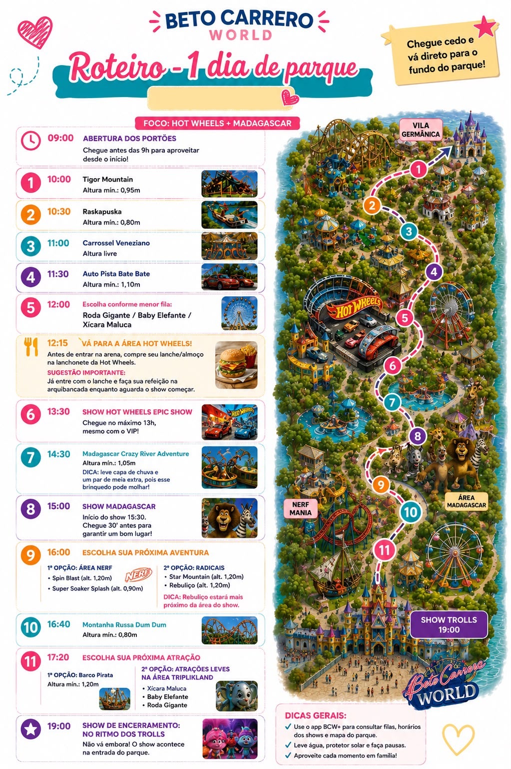 Seu dia no parque — itinerário hora a hora